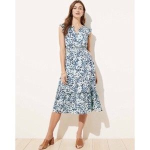 LOFT Shimmer Floral Ruffle Sleeve Flare Dress Size L